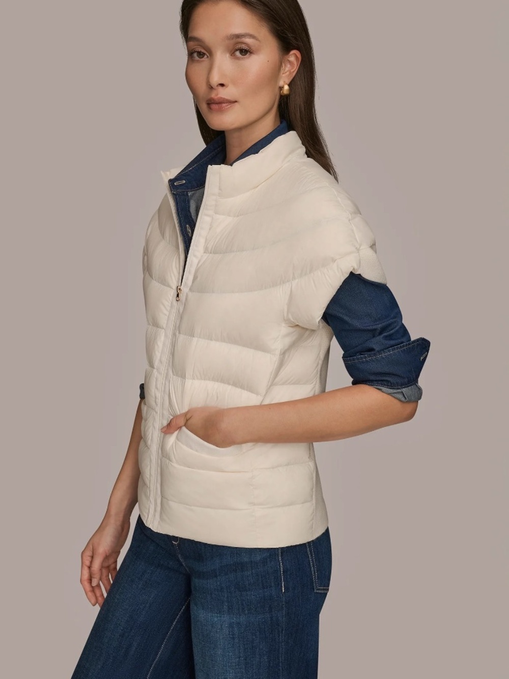 Donna Karan Women's Down Fill Packable Cap Sleeve Jacket with Sweater Knit Back